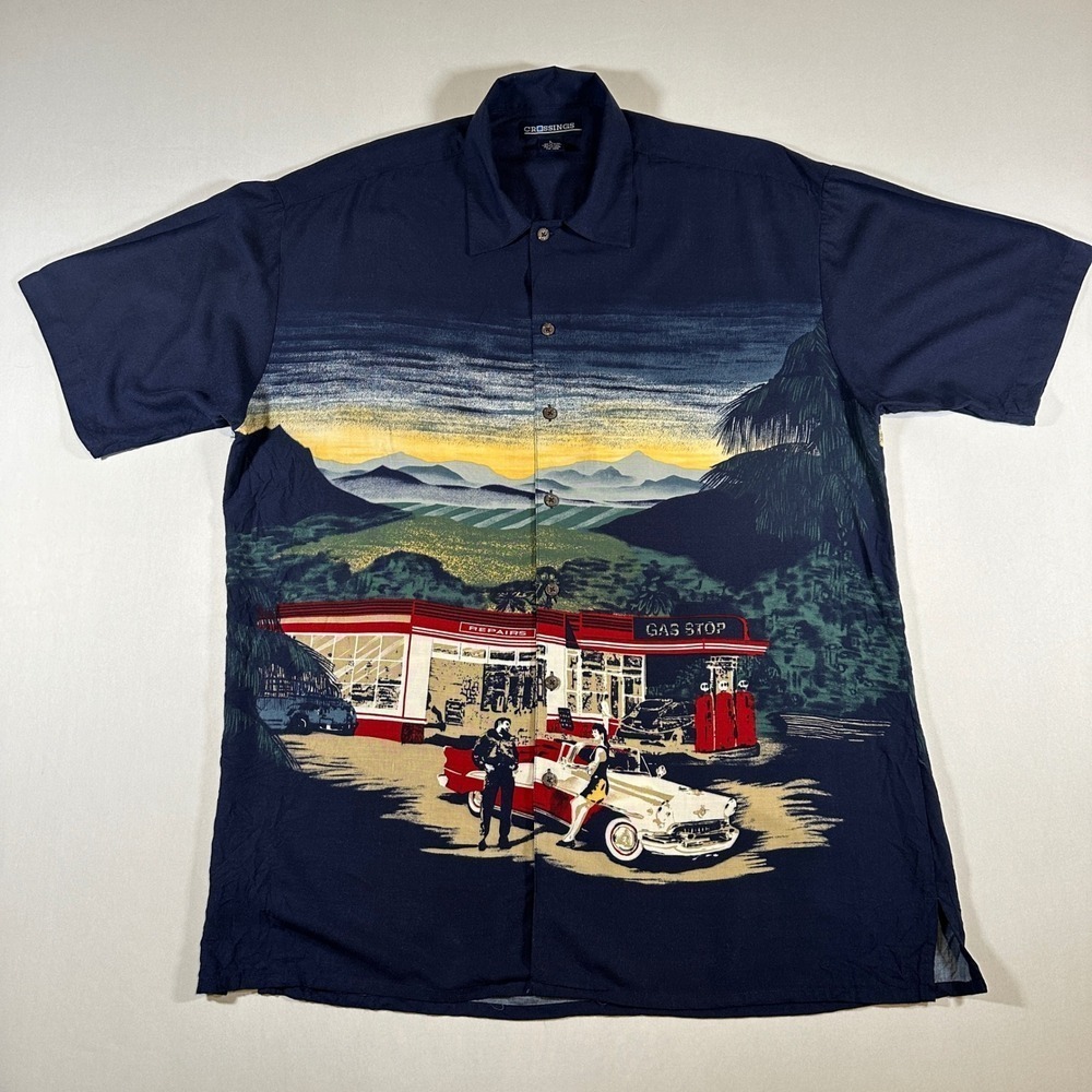 Vtg Crossings Hawaiian Shirt Men L Navy Rayon Gas Station Hot Rod Car 90s Scenic